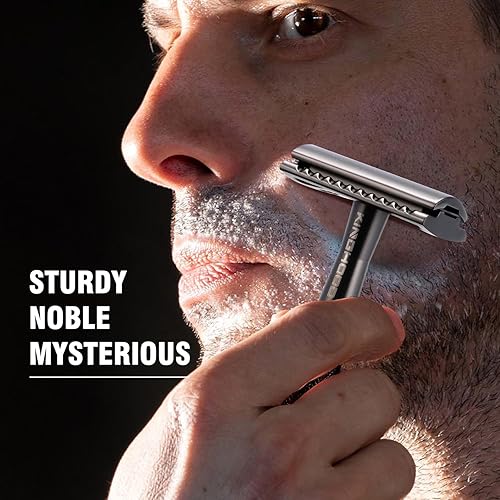 Miniatura 2 de Navaja de afeitar de seguridad de una sola hoja para hombres con 10 cuchillas de doble filo de metal, reutilizables, ecológicas, color negro