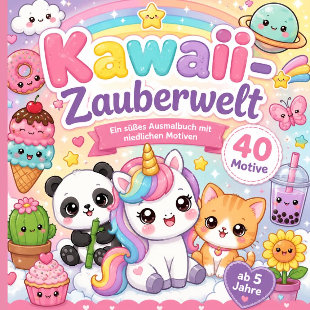 Kawaii-Zauberwelt: ein süßes Ausmalbuch mit niedlichen Motiven; Ausmalbilder mit Einhörnern, Tieren, Regenbogen, Süßigkeiten & vielen Überraschungen – Für Kinder ab 5 Jahren