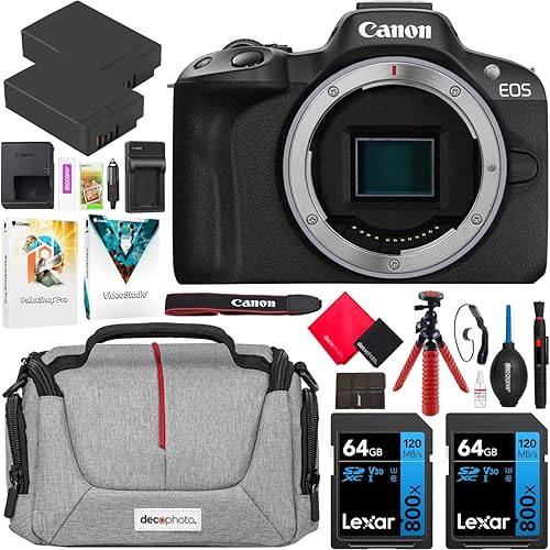 Canon EOS R50 - Cuerpo de cámara sin espejo APS-C con lente intercambiable, color negro 5811C002. Incluye estuche Deco Gear para fotografía + 2