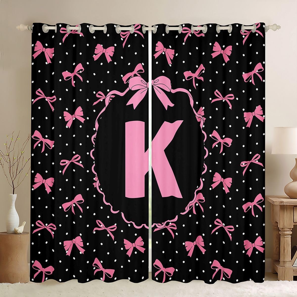 Feelyou Bow Curtains for Bedroom Living Room Dreamy Bowknot Blackout Darkening Drapes Personalized Letter K Window Treatments, 2 Panels 38 x 45 Inch Room Decor