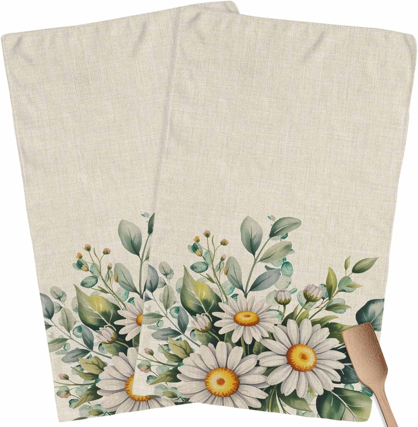 2 PCS Daisy Eucalyptus Kitchen Towels Absorbent Cleaning Cloths,Drying Dish Reusable Kitchen Rags Soft Terry Hand Dish Tower Washable Hemmed Nappkin Dishcloths Green Leaves Botanical Plant Floral