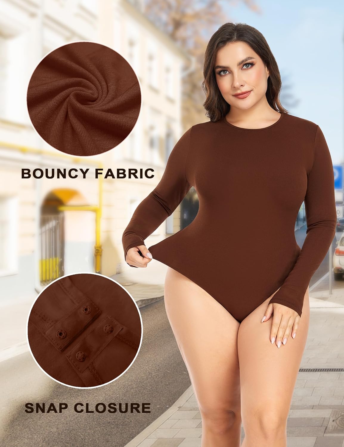 FOREYOND Plus Size Bodysuits for Women Long Sleeve Crew Neck Body Suit Tops Casual Slim Fit Basic Leotards Shirts