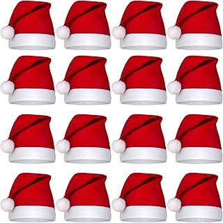 Aneco 16 Pack Christmas Hats Bulk Red and White Santa Hats Short Plush with White Cuffs Non-Woven Fabric Adult Sized and for Holiday Event (Red)