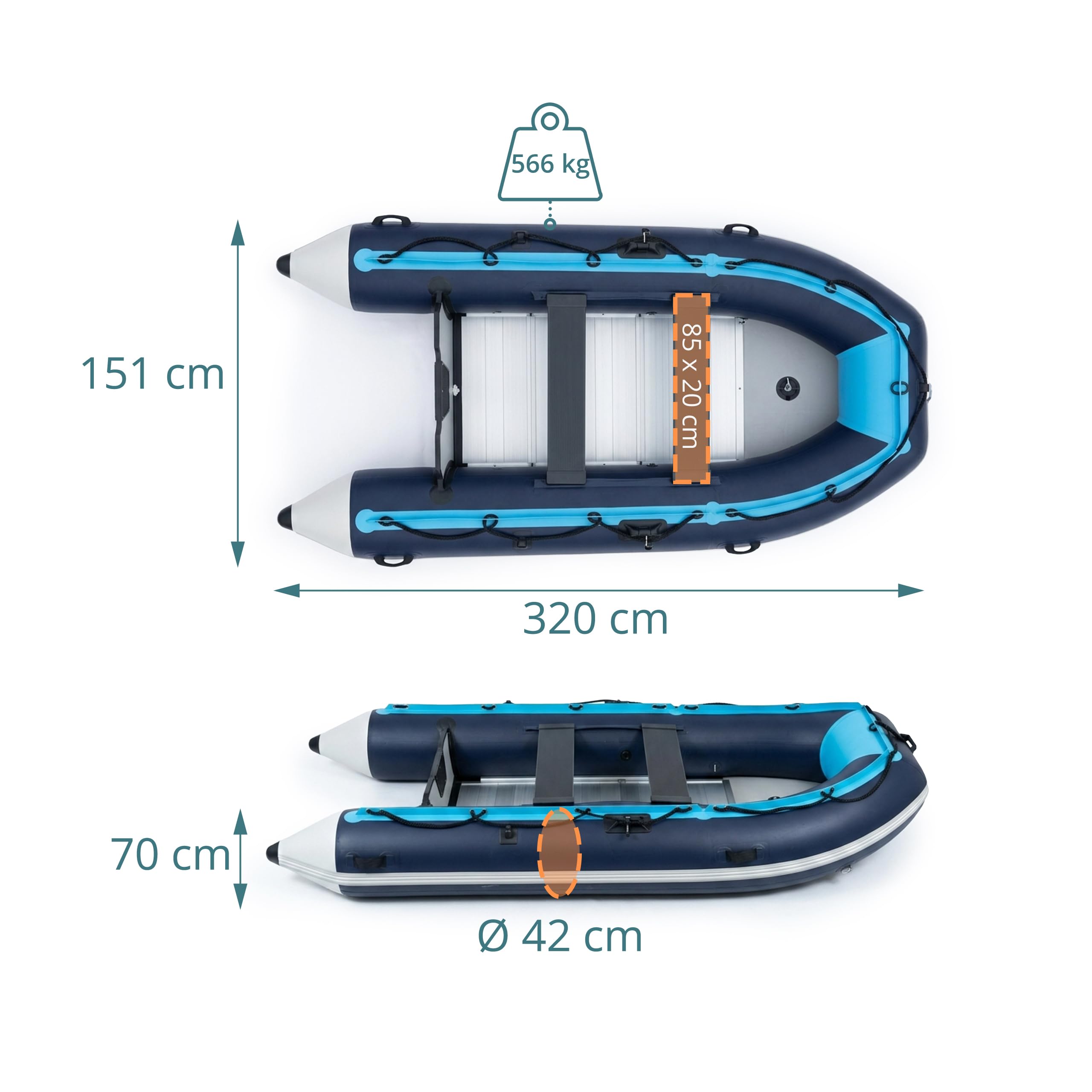 Relaxdays Set Bote Hinchable, 4 Personas, 3,20 m, remos, Bomba & Bolsa, Fondo de Aluminio, para Pesca, Azul y Blanco