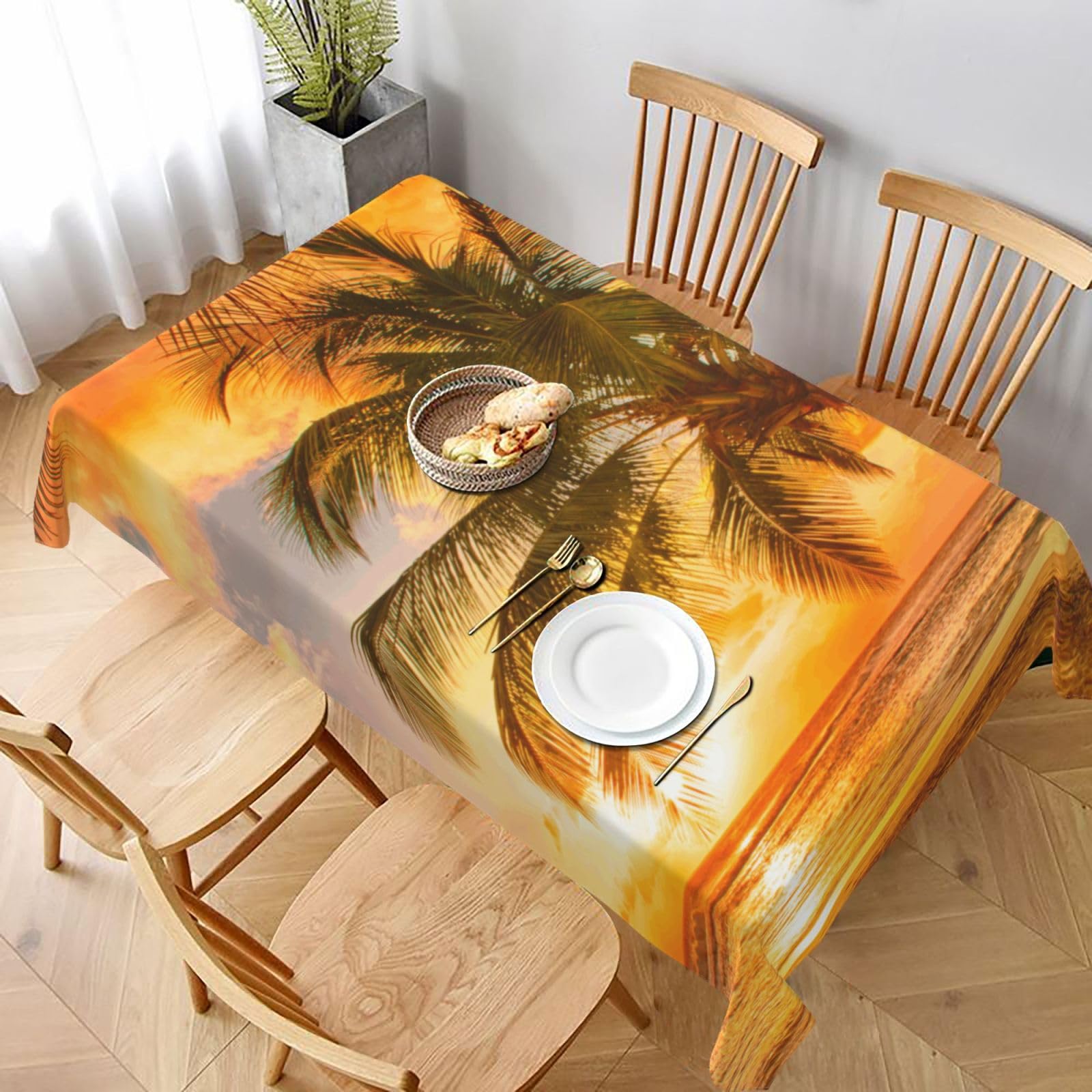BNVSADC Tropical Beach Palm Tree Sunset Printed Rectangle Tablecloth 228x152 CM, Water Resistant Polyester Table Cloth Decorative Fabric Table Covers for Kitchen Dining Table Parties Camping