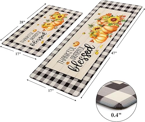 Miniatura 6 de Pauwer Juego de 2 alfombras de cocina de otoño, diseño de calabaza, antifatiga, tapetes de cocina para piso, tapete de cocina a cuadros de búfalo de