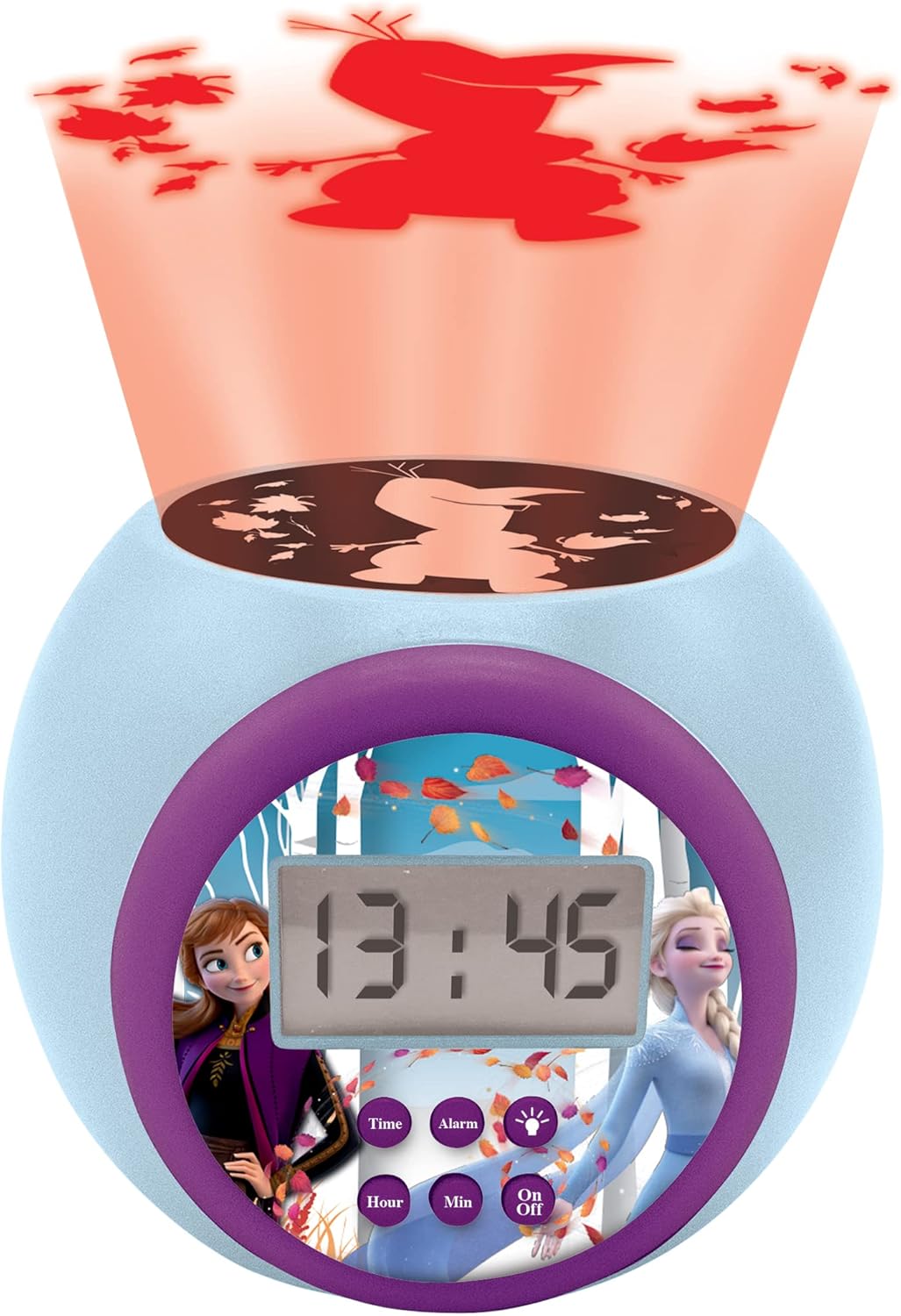 LEXIBOOK, Projector Clock Disney Frozen 2 Anna Elsa with Snooze Alarm Function, Night Light with Timer, LCD Screen, Battery Operated, Blue/Purple, RL977FZ