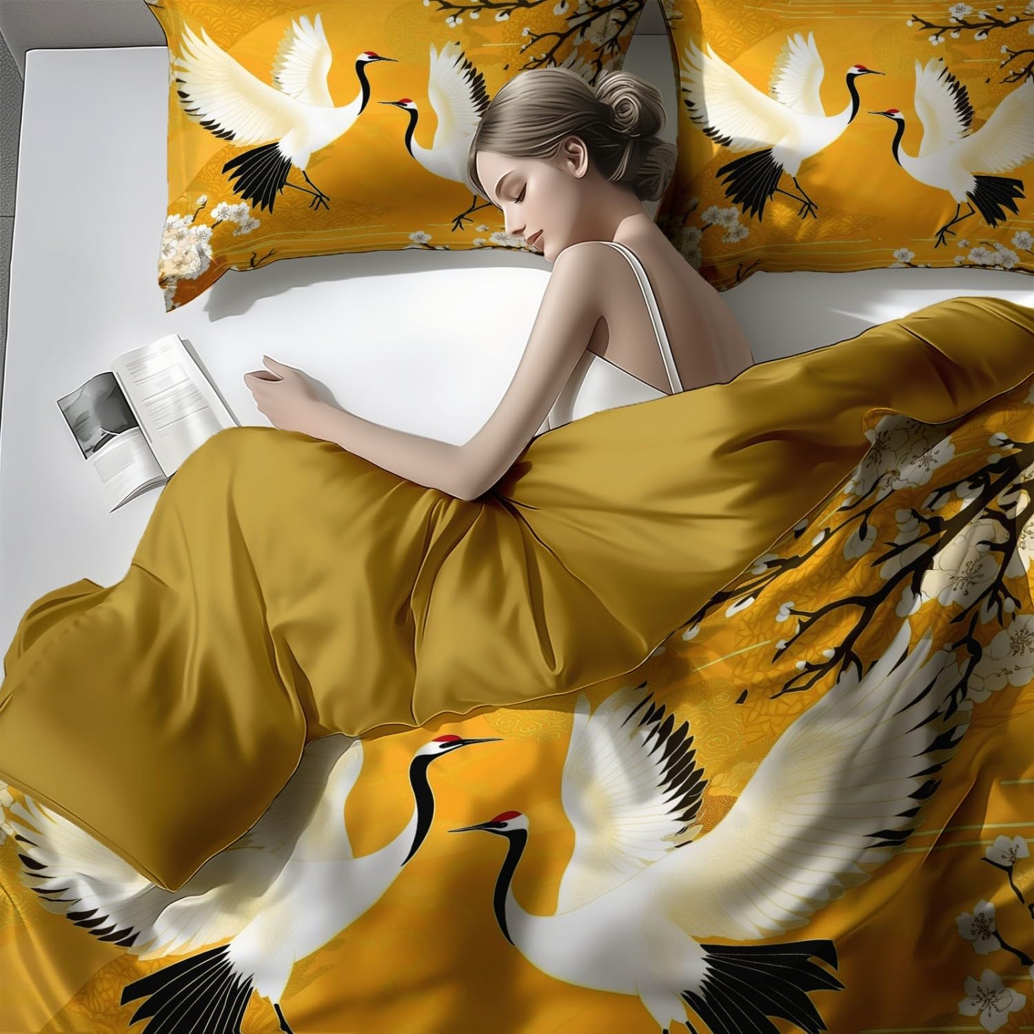 Housse de Couette 220 x 240 cm (2 Taies 65x65), Style L'Élégance De La Grue Blanche Japonaise, en Microfibre Brossée de Qualité pour Un Lit Élégant, Jaune