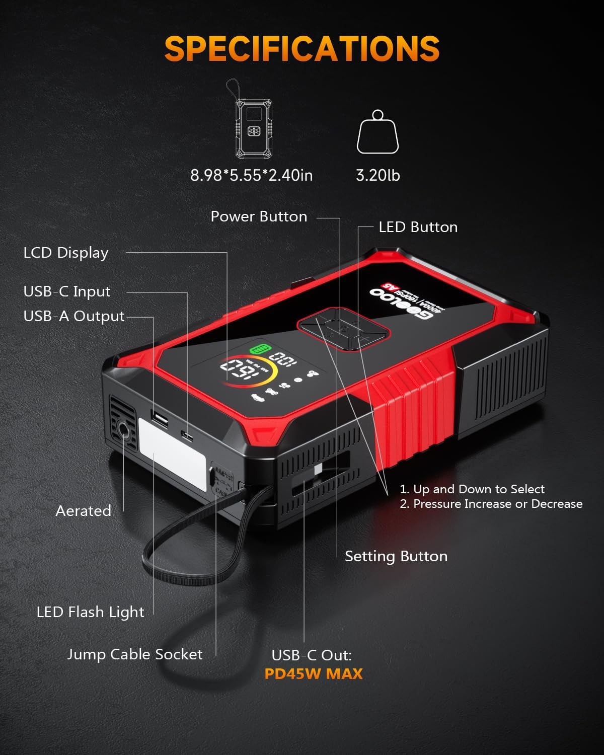 GOOLOO A5 Jump Starter with Air Compressor, 4000A Car Battery Jump Starter (All Gas/10.0L Diesel) with 160PSI Tire Inflator Auto-Off, 45W Output Power Bank, 12V Jump Box Car Jumper Starter Portable - Image 8