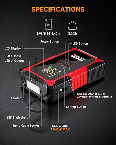 Miniatura 8 de GOOLOO Arrancador de salto A5 con compresor de aire, batería de coche de 4000 A (todo gasolina10.0L diesel) con inflador de neumáticos de 160 PSI