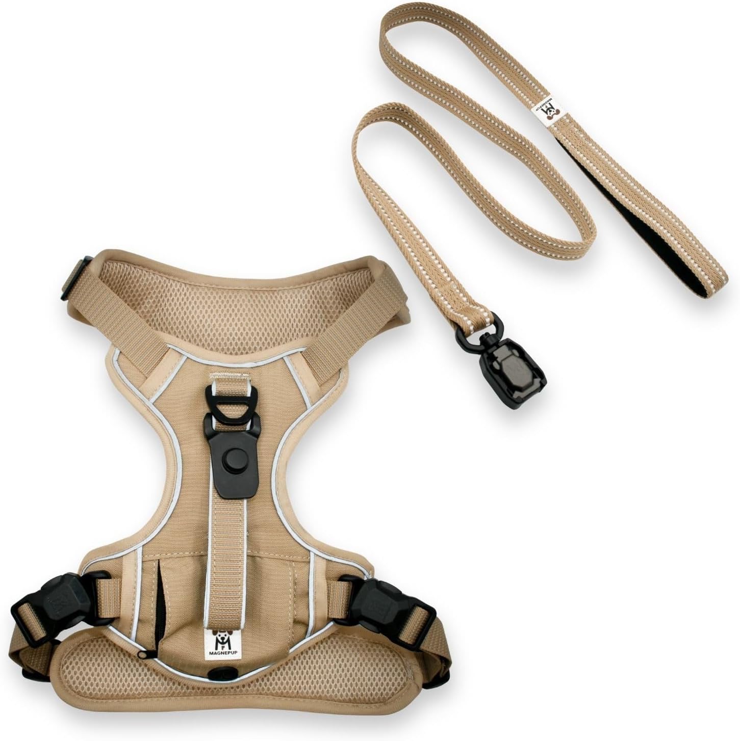 Magnetic Large Tan Dog Harness & Leash Set – Harness Adj. Fit 20–26" Neck & 26-31" Chest - Standard Leash 1" Wide & 4ft - Magnetic Click & Go Buckles, 1 Hand Release, Reflective Stitching