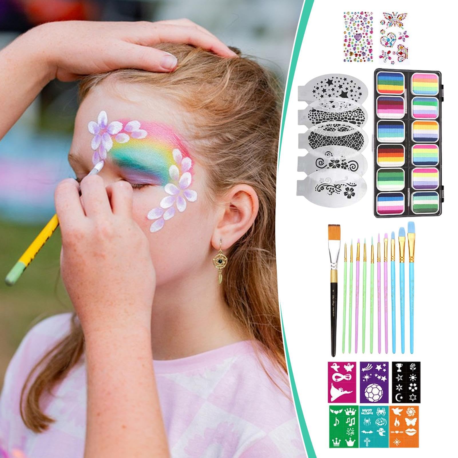 Trucco Viso Set Con Stencil Per Pittura Facciale | Palette da 12 Griglie Cosmetici Solubili in Acqua con Colori Vivaci per Adolescenti Studenti Bambini Adulti Cosplay Feste e