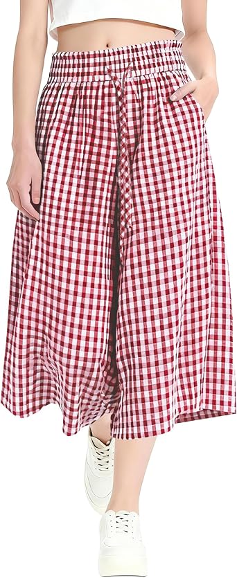 Rapbin Wide Leg Capri Pants for Women Gingham Striped Culottes Flowy Elastic Waist Cropped Palazzo Pants with Pockets