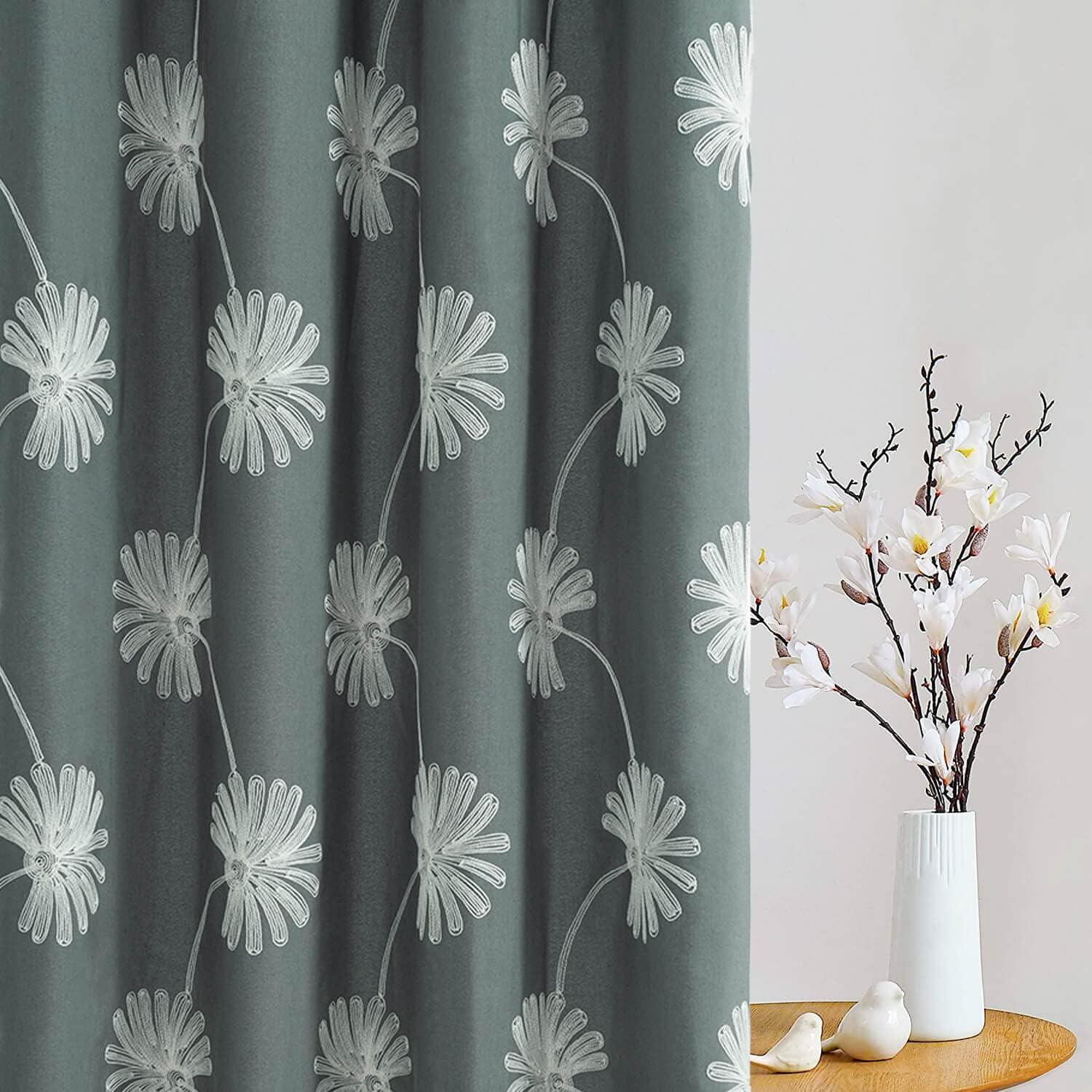 VOGOL 2 Panels Floral Pattern Embroidered Elegant Faux Linen Grommet Curtains - Image 3
