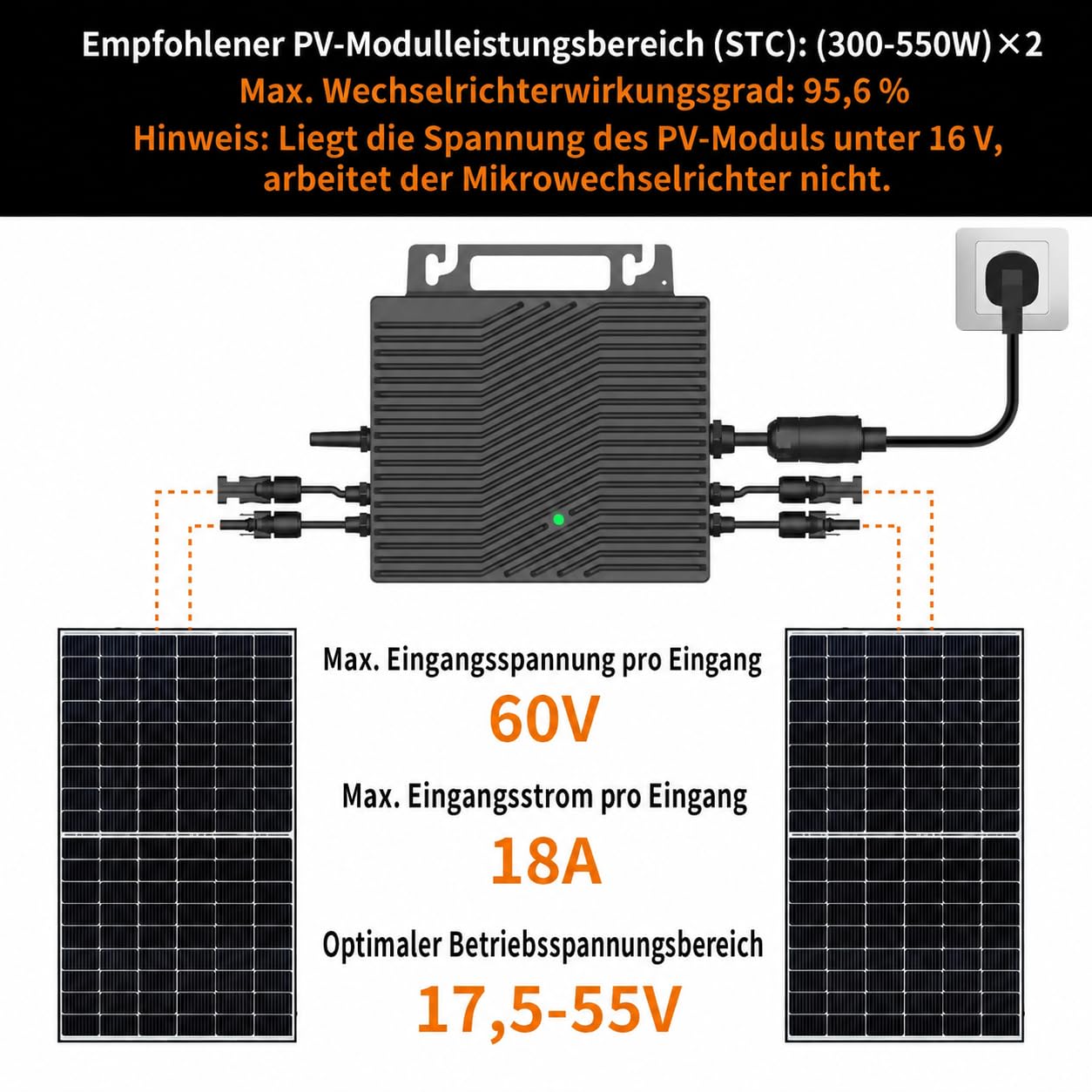 VN2T08 800W Netz-Mikro-Wechselrichter, Dual MPPT 16-60V DC, App-Steuerung über WLAN, VDE PV Zertifiziert, Plug & Play, IP67, ideal für Balkonkraftwerke, 0% MwSt