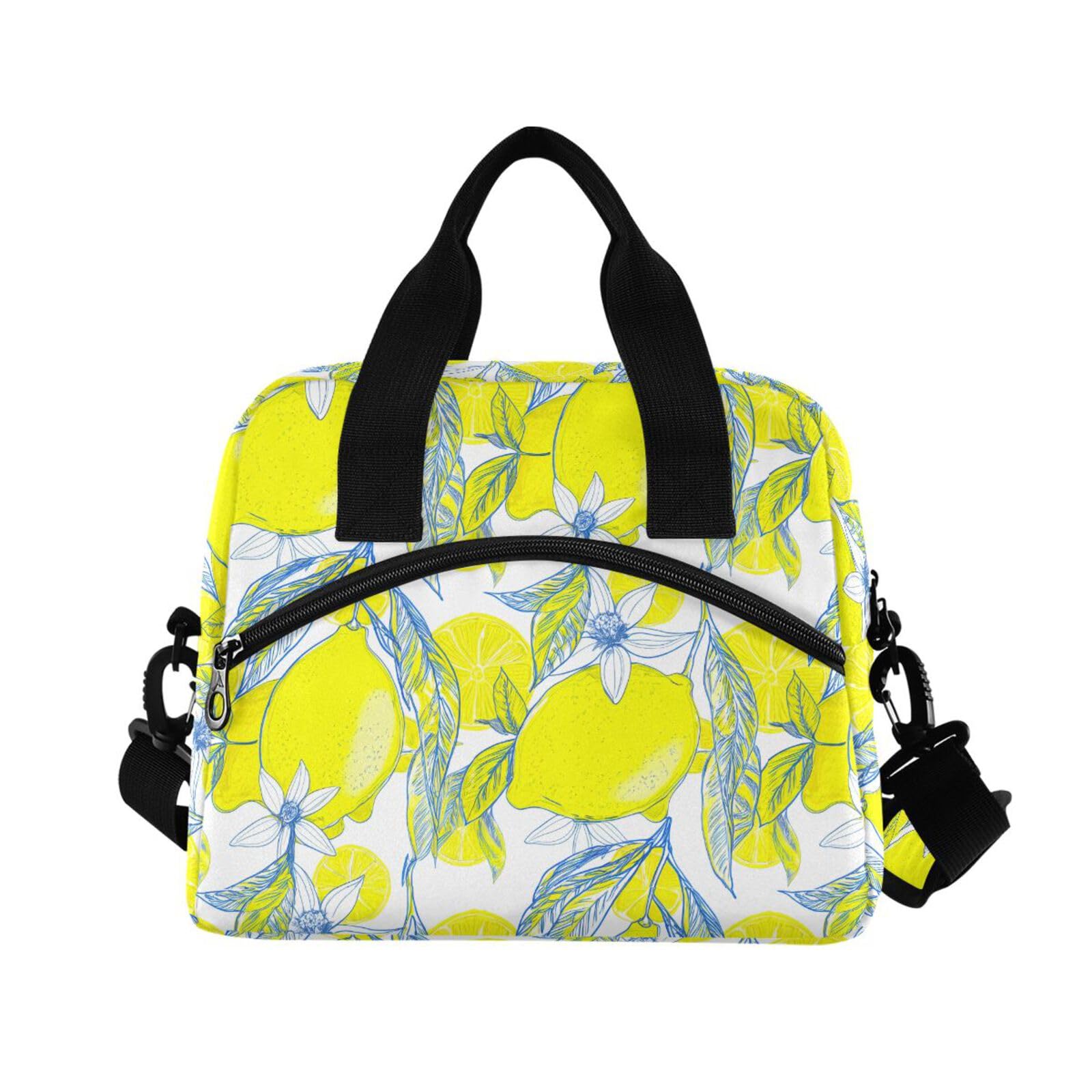 Sinestour Insulated Lunch Bag Reusable Cooler Lemon Flowers Yellow Lunch Box Adjustable Shoulder Strap for School Office Picnic