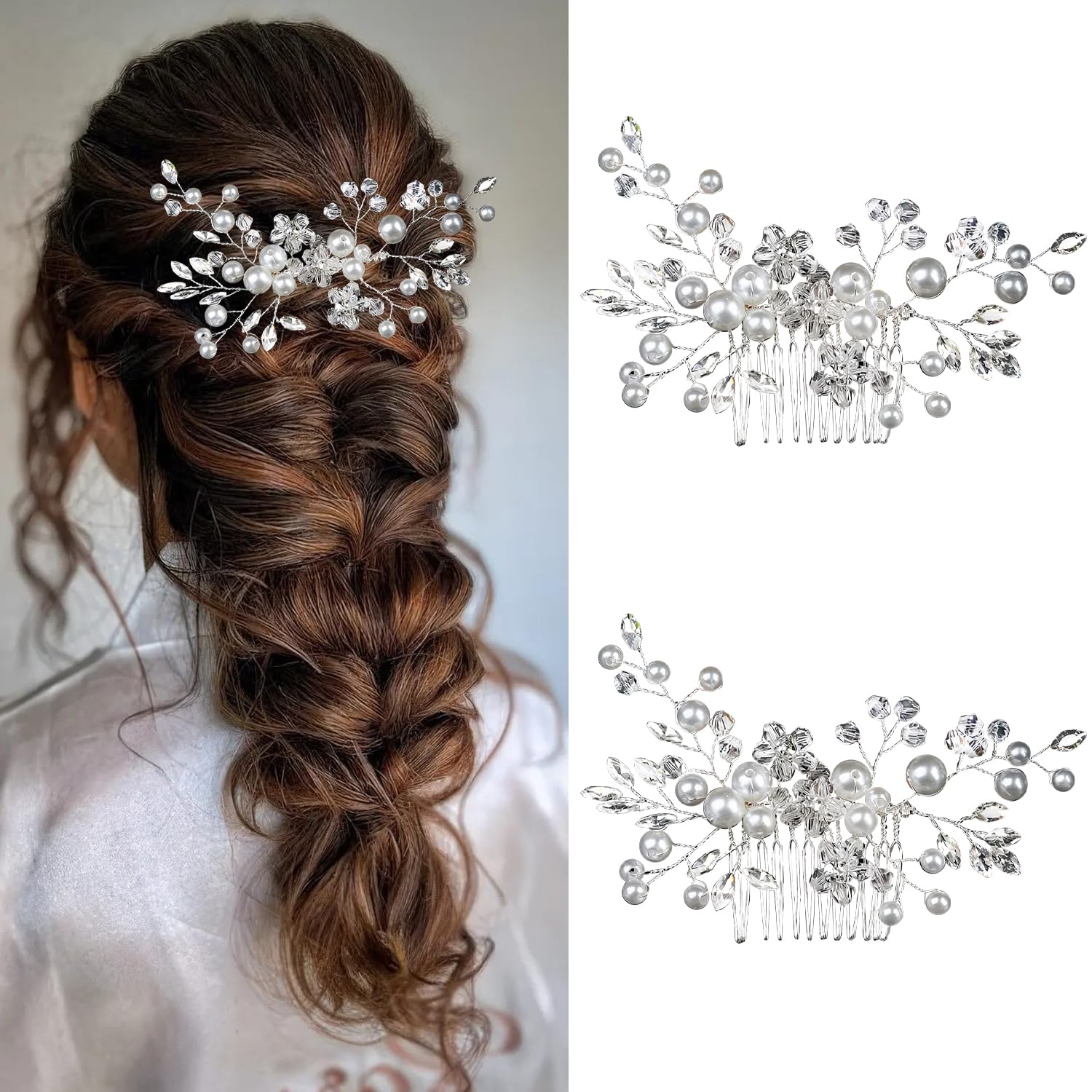 VLYX 2 Pcs Pearl Bridal Hair Clip with Floral Comb - Adjustable Crystal Rhinestone Headpiece for Wedding Updo, Parties (Silver)