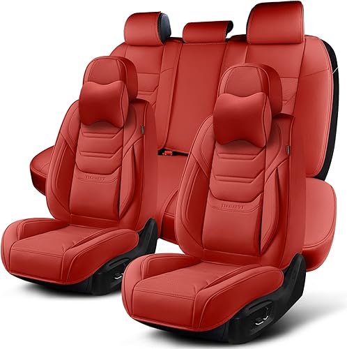 Martha Red Car Seat Covers Full Set, Breathable Leather Automotive Front and Rear Seat Covers & Headrest for Comfortable Driving, Universal Auto