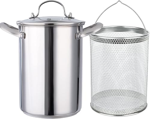Olla para freidora, olla de acero inoxidable de 4.5 L con canasta, freidora de pescado con tapa transparente, para cocina, papas fritas, pollo, etc.