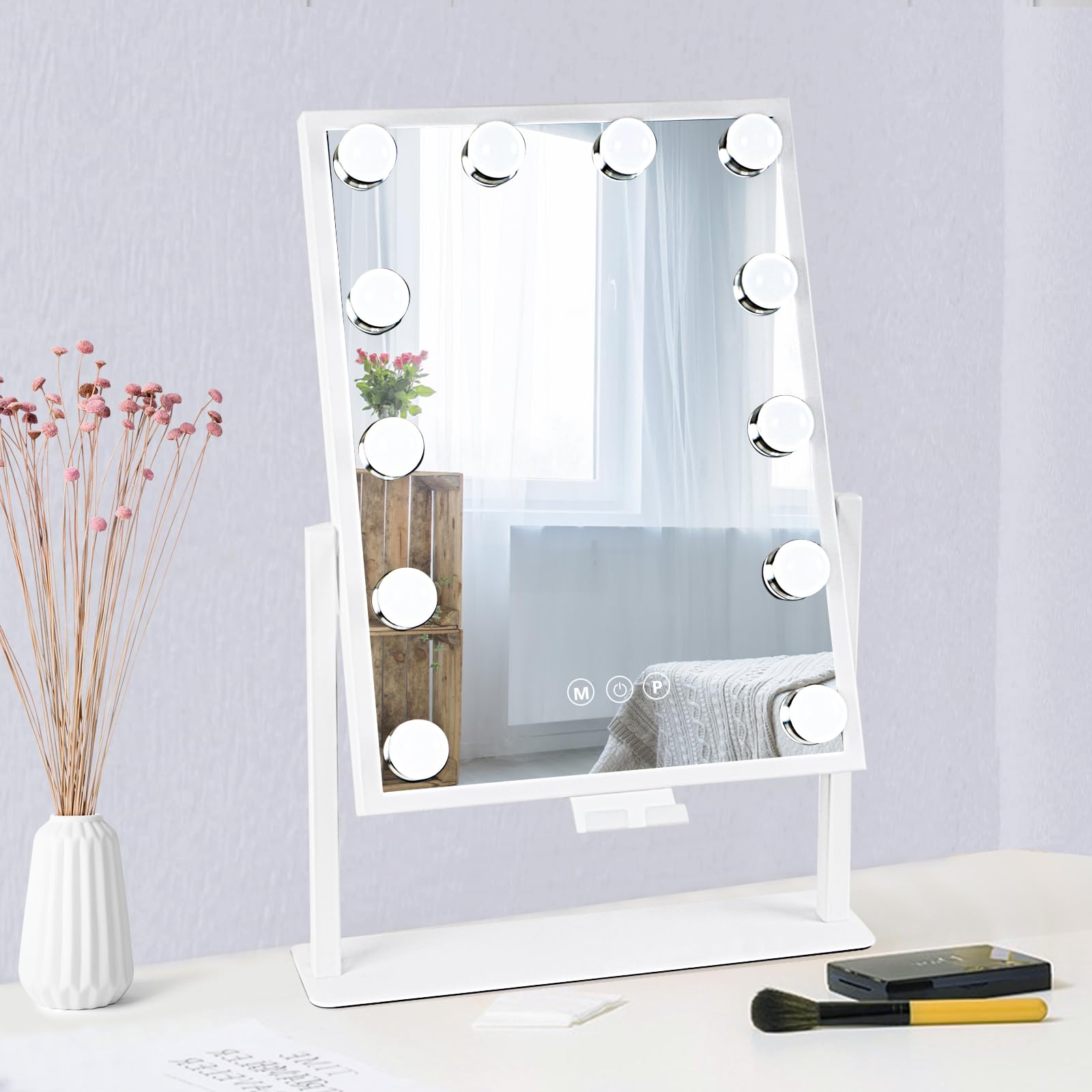 Vanity Mirror with Lights, Hollywood Lighted Makeup Mirror with Phone Holder, Smart Touch Control, 3 Color Lighting Modes, Detachable 10X Magnification, 360°Rotation(White)