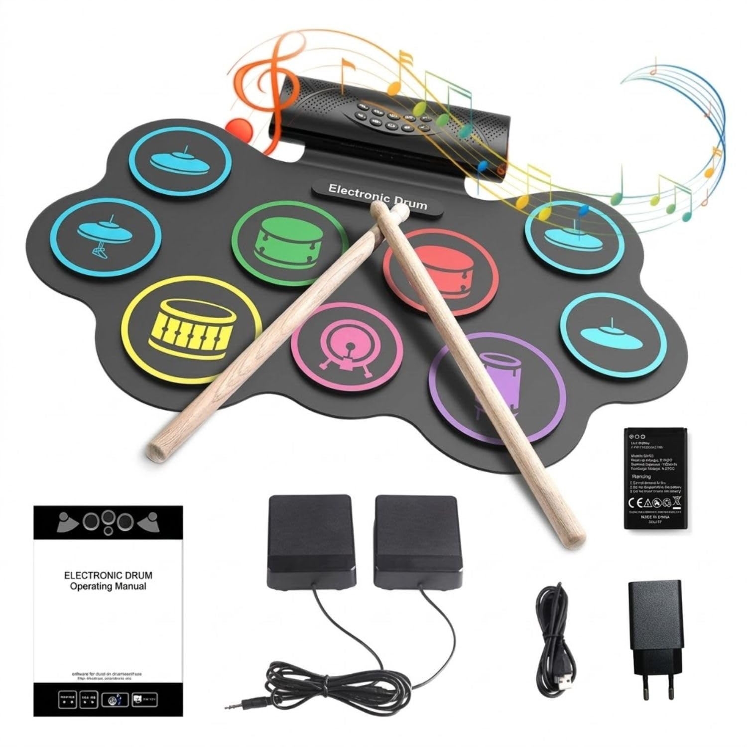 Roll Up Electronic Drum Kit, 9 Pad Drum Set with Built in Speaker, Headphone Support, Foot Pedals, Drum Sticks, Musical Instrument Toy for Kids (Multi Color Drum)-image-49