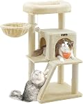 Feandrea Cat Tree, Small Cat Tower with Widened Perch for Large Cats Indoor, Kittens, 96 cm Multi-Level Cat Condo, Scratching Posts and Ramp, 2-Door Cat Cave, Cat Basket, Smoky Gray UPCT51G