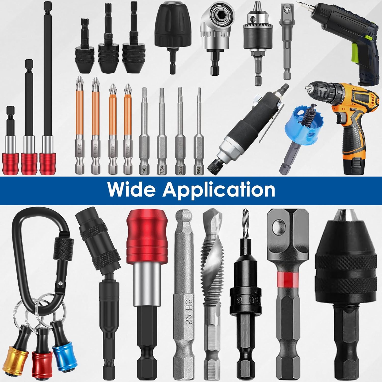 13Pcs Magnetic 1/4inch Hex Shank Bit Holder with Carabiner, 2in-4in-6in-Chrome Vanadium Steel Quick-Change Extension Bar Keychain, Hand-held Drill Screw Adapter for Screw Driver(13Pcs)