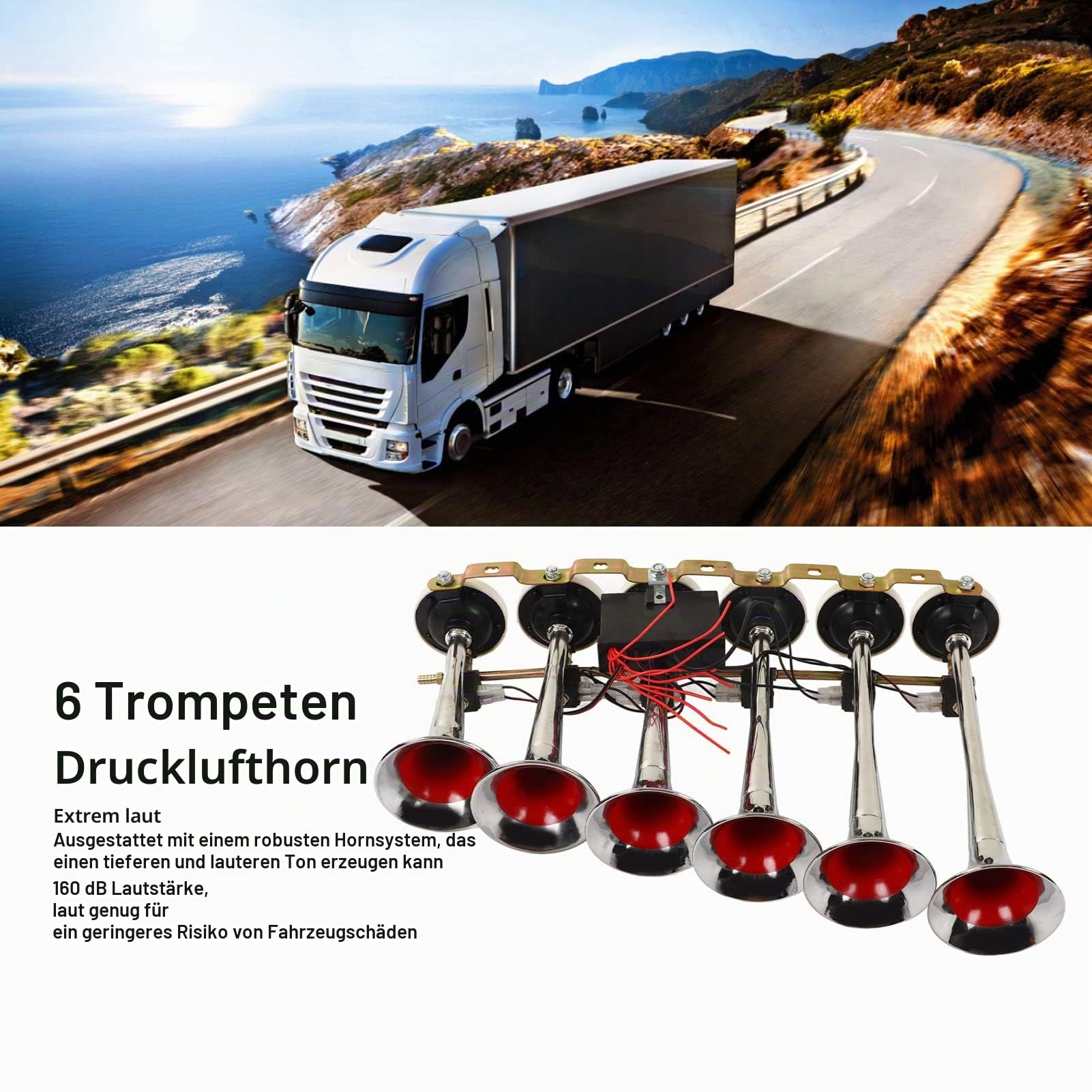 6 Trompetenhupen-Set – 160 DB Superelektrische Hupe für LKWs, Busse und Boote – Robustes 12-V-/24-V-Drucksystem – Metallkonstruktion – Zuverlässige Fahrzeugwarnung