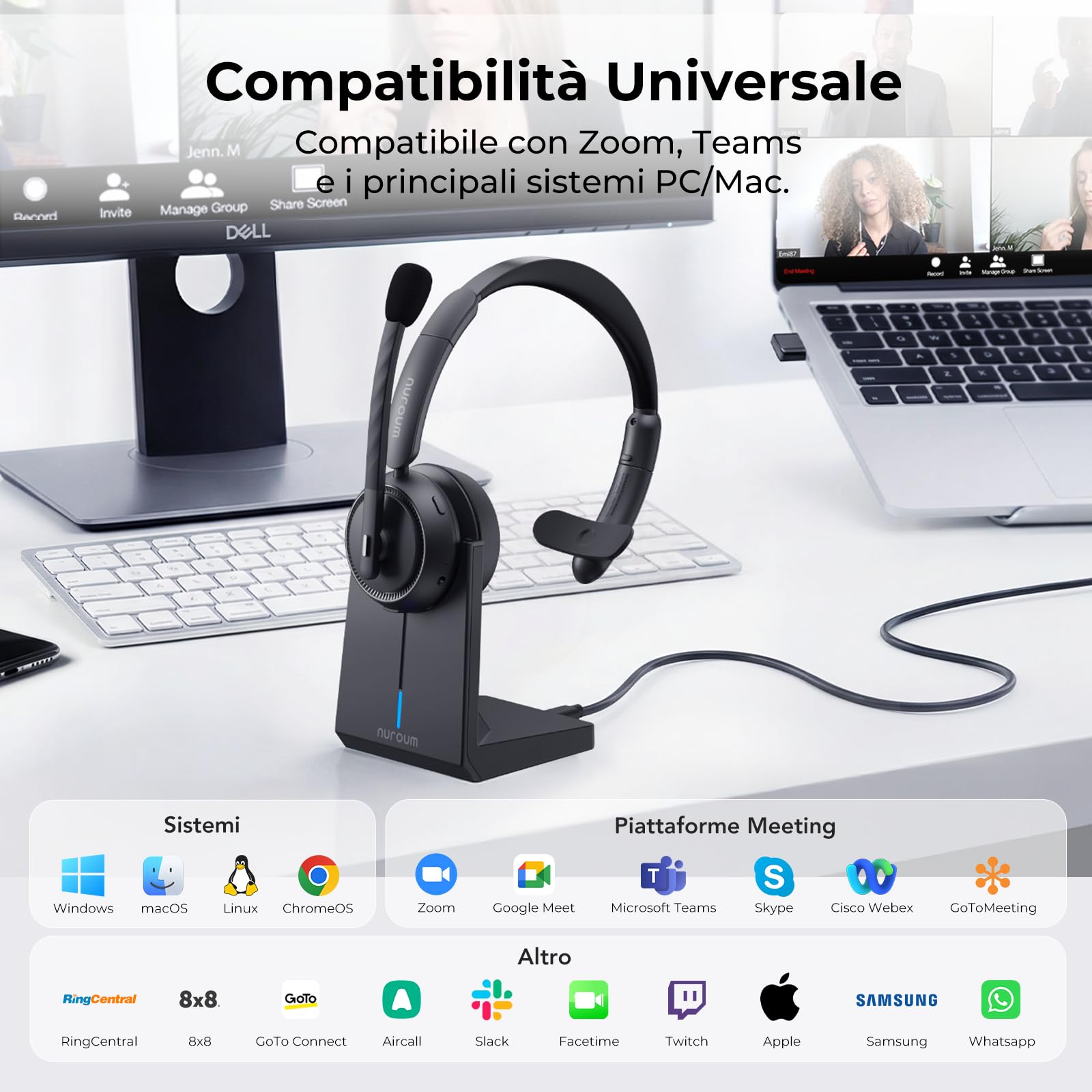 Nuroum HP31S 2026 Cuffie con Microfono Bluetooth,Cuffie Wireless ENC a Cancellazione di Rumore,Stazione di Ricarica, Dongle,USB-A&C,Bluetooth 5.4, 45H per Cuffie Call Center/Lavoro/Camion/Chiamate