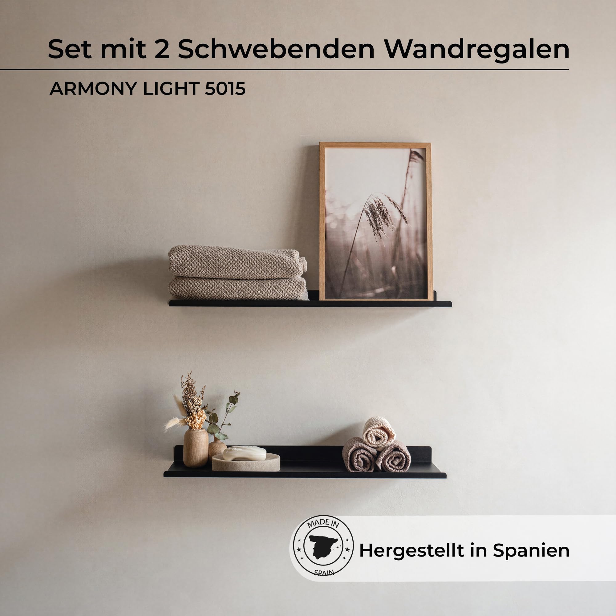 MILUKA Wandregal Schwarz aus Metall 50 cm, 2er Set, schwebend & stabil | 15 cm Tiefe, Schweberegal modular, Badregal & Küchenregal, Hängeregal für Bücher, Organisation & Deko, Made in Spain