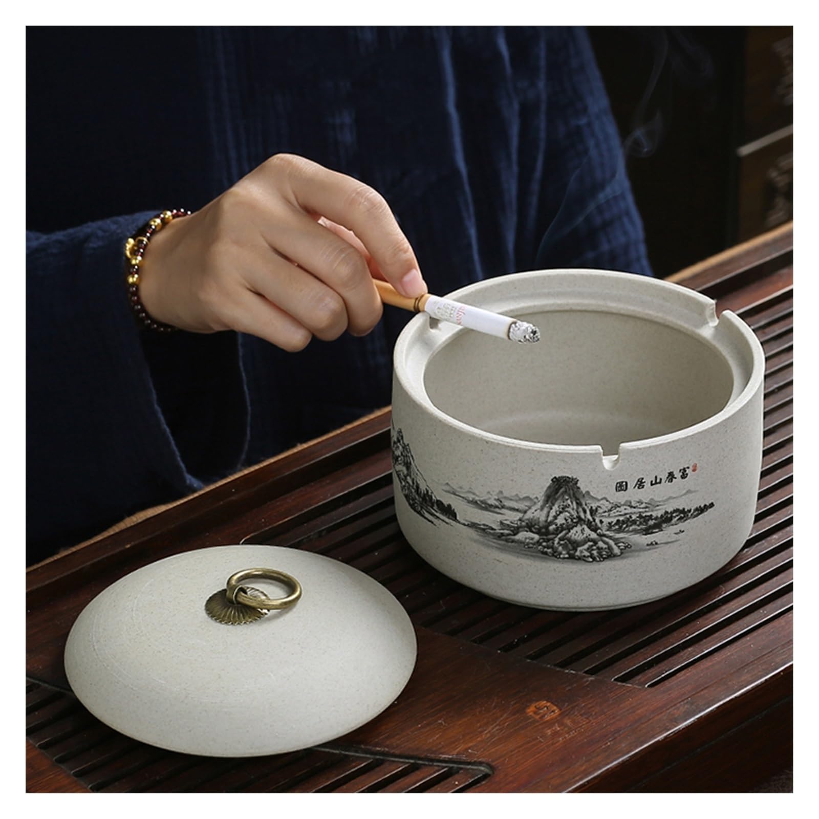 Posacenere con coperchio, posacenere da esterno, perfetto per esterni, posacenere in ceramica per casa e ufficio, vassoio per fumo (B)