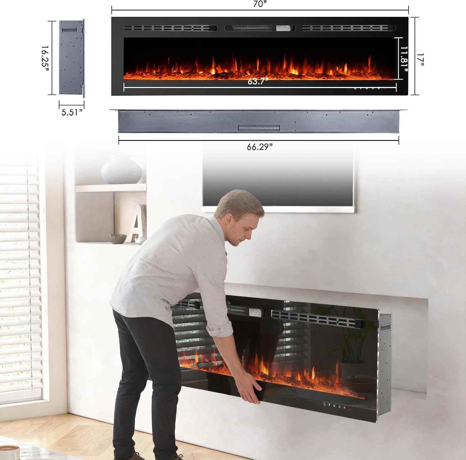 CharaVector 70 inch 750W/1500W Electric Fireplace Inserts with Remote Control in Wall Mounted, Energy Saving LED Insert Fireplace Heater Indoor Glass View with Remote Control & Touch Screen, Black