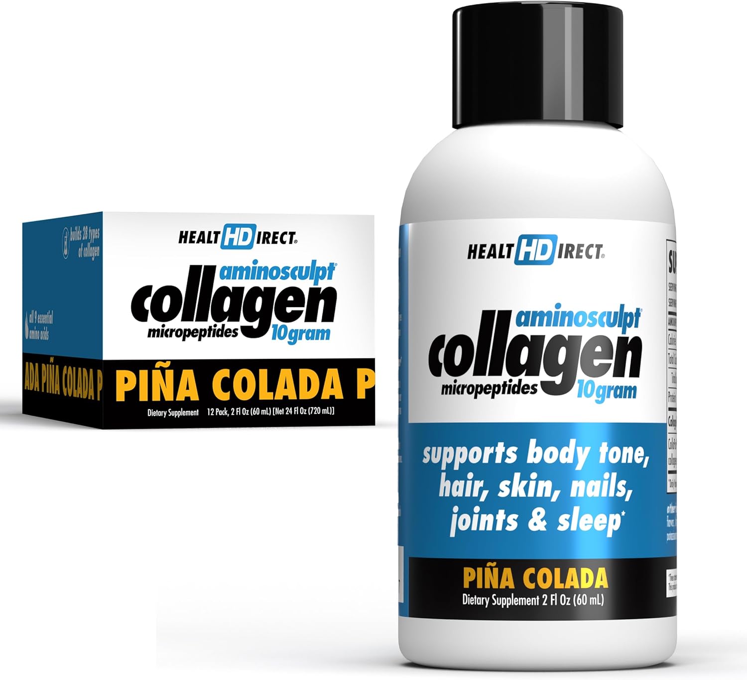 HEALTH DIRECT – Medical-Grade Liquid Collagen Shots – AminoSculpt Sugar-Free – Piña Colada – 12 Servings, (12pk, 2oz Shots) – Good for Joints, Bones, & Sleep – Better Hair, Skin & Nails