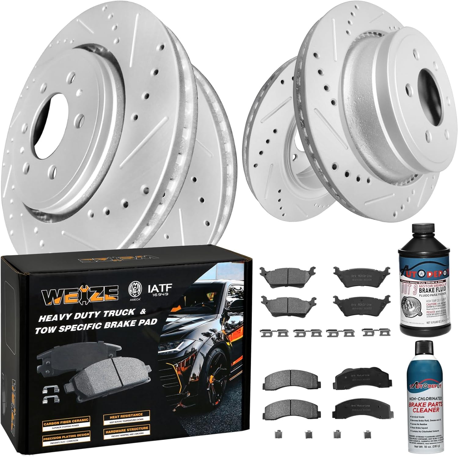 WEIZE Front Rear Truck & Tow Brake Kit, Carbon Fiber Ceramic Pads & Drilled/Slotted Brake Rotors Disc, with Cleaner & Fluid, Fit for Ford F-150 2012-2014, 15-20 of Manual (NOT Electric) Parking Brake