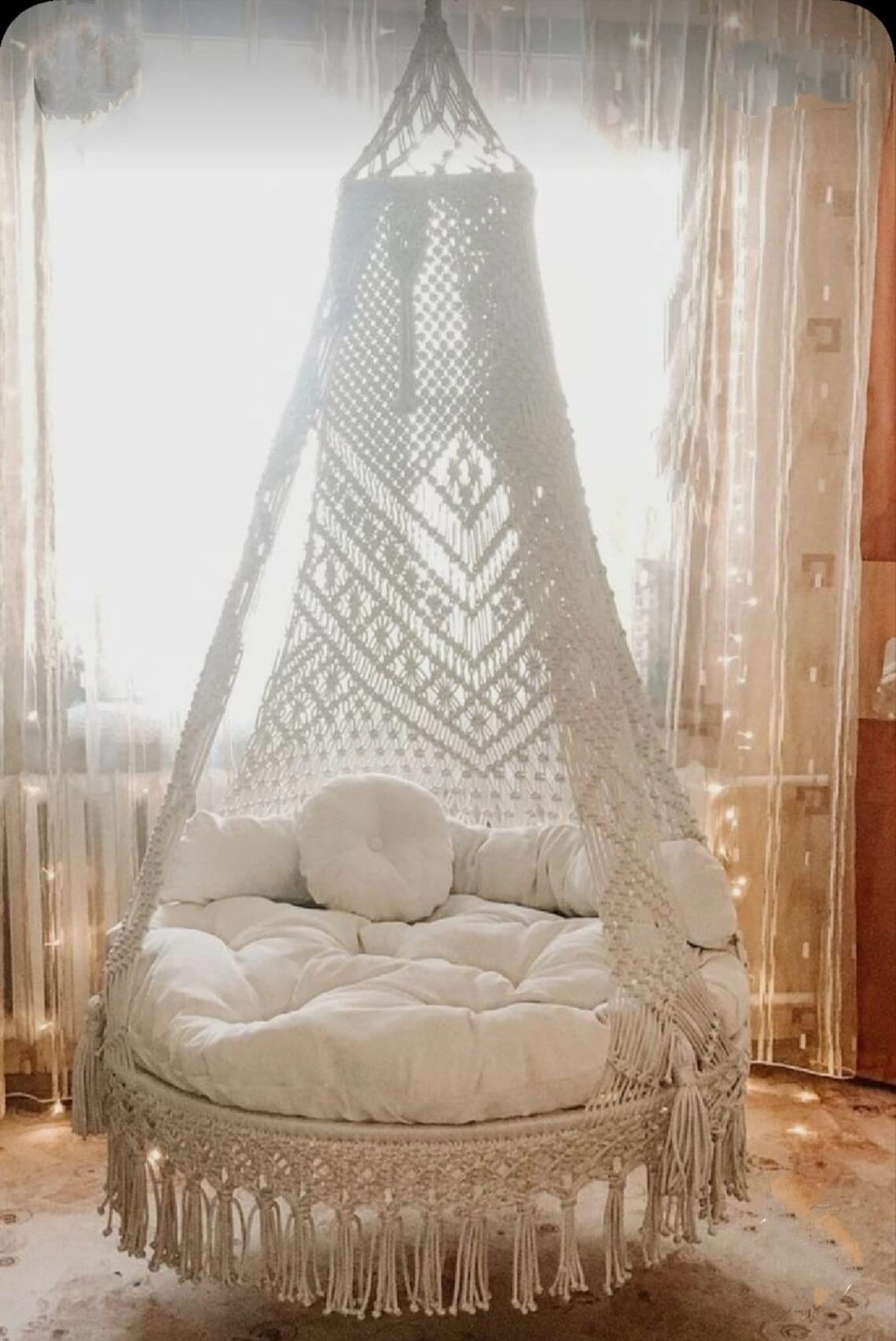 KAAHIRA Bohemian Macrame Hanging Swing Chair– Aesthetic Cotton Rope Hammock for Indoor & Outdoor – Patio, Balcony, Bedroom, Living Room, Garden–Kids, Adults & Pets – Boho Decor (Off White-2)-image-38