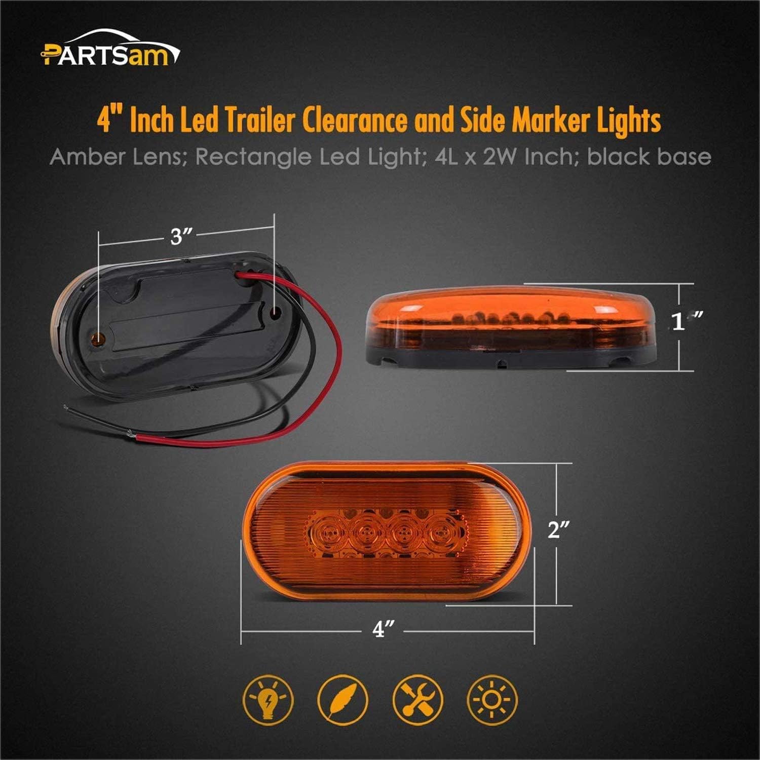 Partsam 6 Amber + 2 Red 12V 4" x 2" Oval Led Truck Side Marker Light Surface Mount 10 Diodes, Sealed Trailer Led Clearance and Side Marker Lights, Black Base, Rectangular Rectangle Led Lights