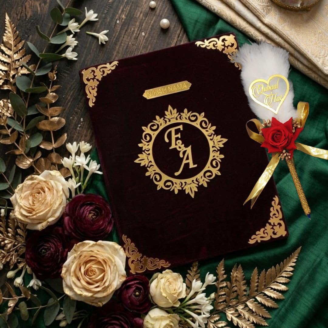Customized Velvet Nikah Nama Booklet with Premium Feather Pen – Luxury Maroon Islamic Nikahnama Folder with Golden Acrylic Design | Muslim Wedding Marriage Certificate Book for Bride & Groom Gift-picture-22