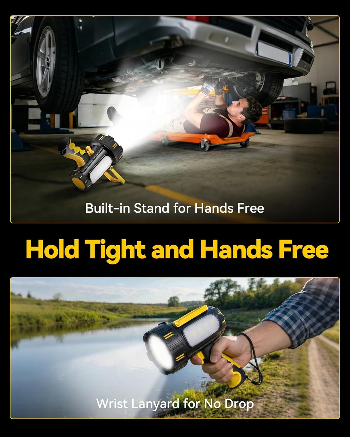 AlpsWolf Rechargeable Spotlight Flashlight, 100000 Lumen Super Bright Handheld Spotlight, IP68 Waterproof Searchlight with Foldable Stand & 3 Color Lens for Camping Hunting Emergency