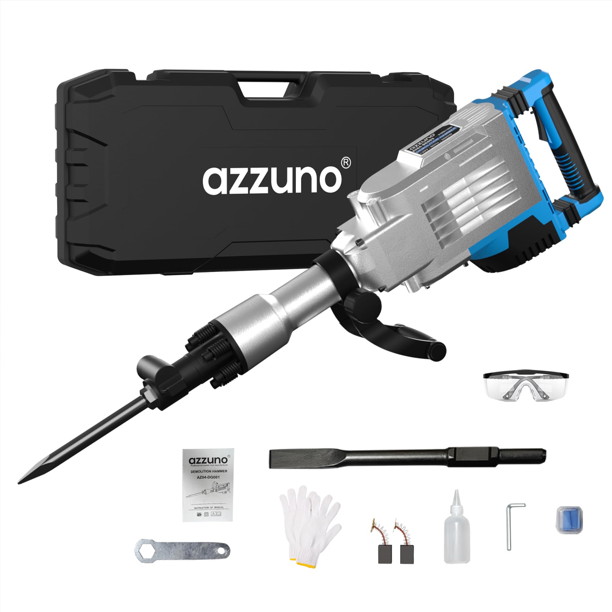AZZUNO 3600W Demolition Jack Hammer Electric Concrete Breaker Heavy Duty, Corded Power Rotary Hammer Drill with 2pcs Chisel Bit Chipping & Case