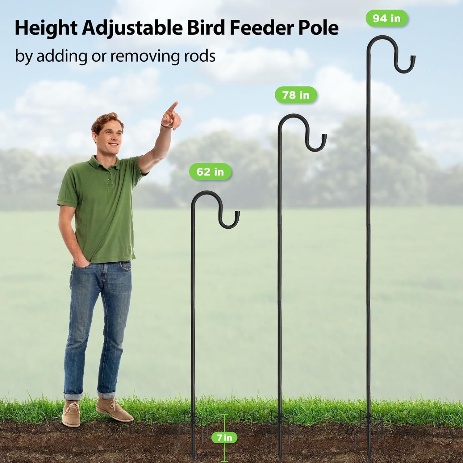 Shepherds Hooks, 94" Bird Feeder Pole for Outdoor, 4/5” Thick Hummingbird Feeders Stand Heavy Duty, Hanging Plant Hanger Stake with 5-Prong Base, Metal Shepard Stick