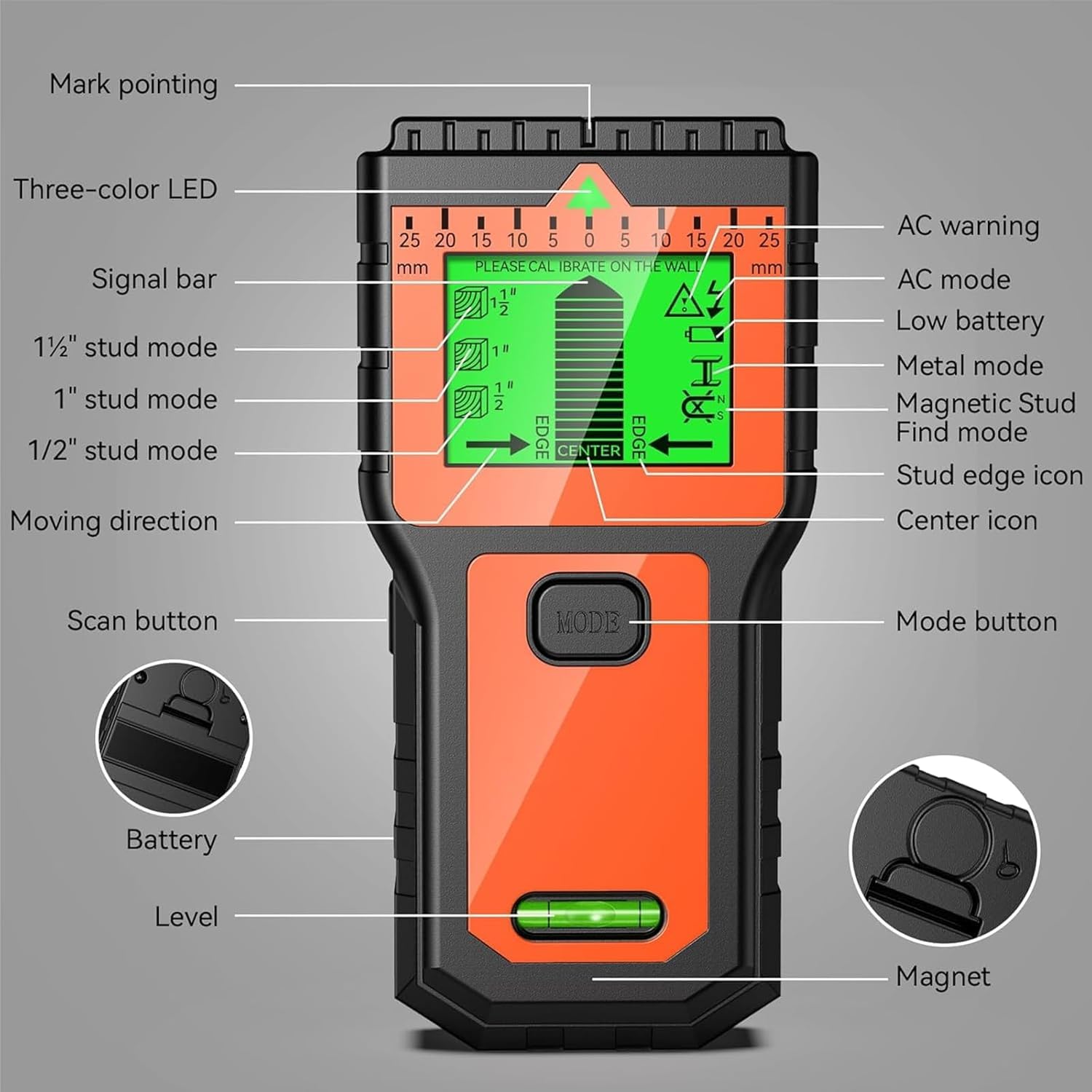 Détecteur de cable électrique avec écran LCD et alarme sonore – Scanner mural multifonction pour bois, métal et tuyaux (Orange)