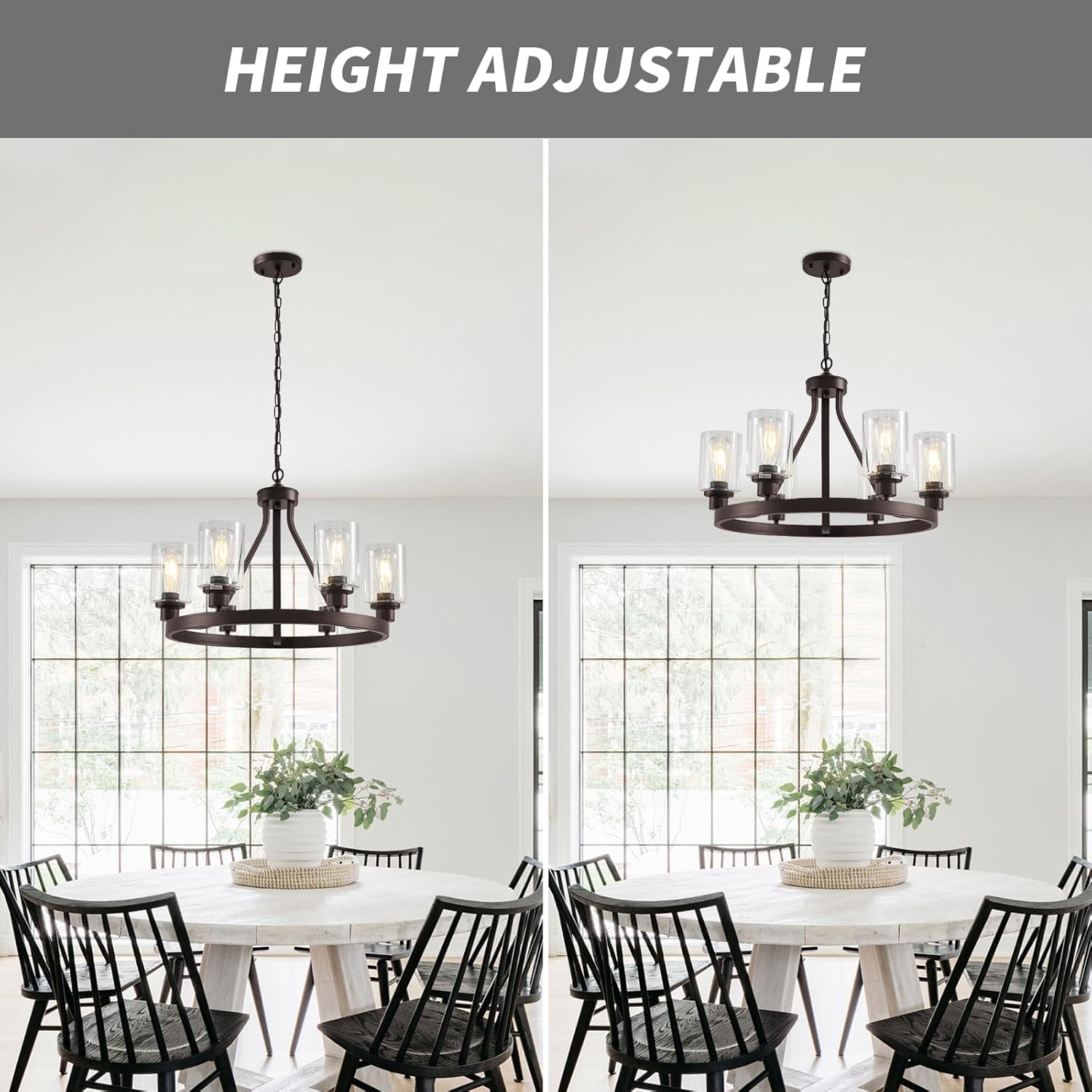 6-Light Farmhose Chandelier for Dining Room Light Fixture Oil Rubbed Bronze Kitchen Pendant Light Round Rustic Ceiling Hanging Lighting with Glass Globes Adjustable Height Metal E26