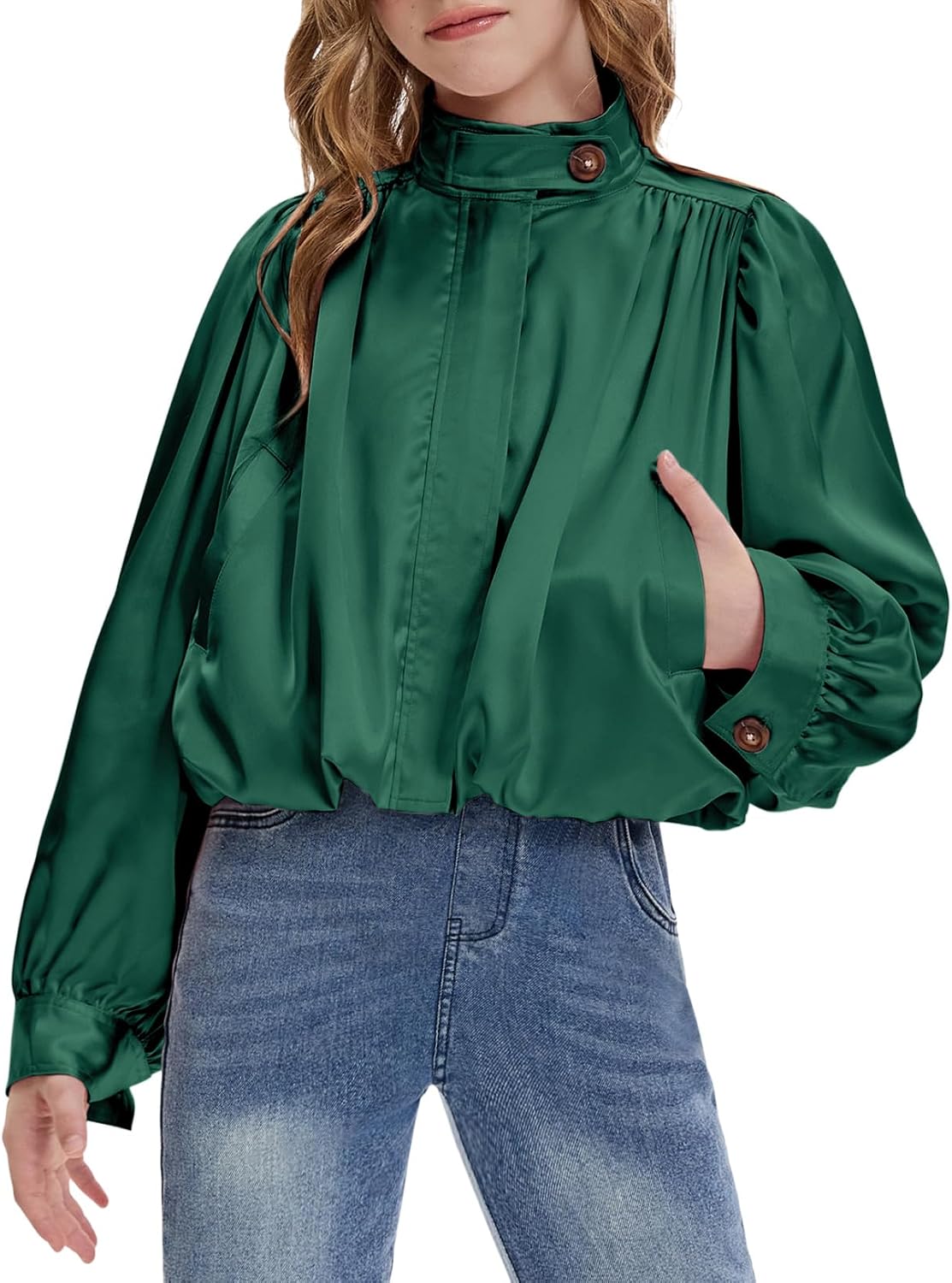 Mirawise Girls Satin Bomber Jacket Puff Sleeve Cropped Zip Cute Coat 4-13Y