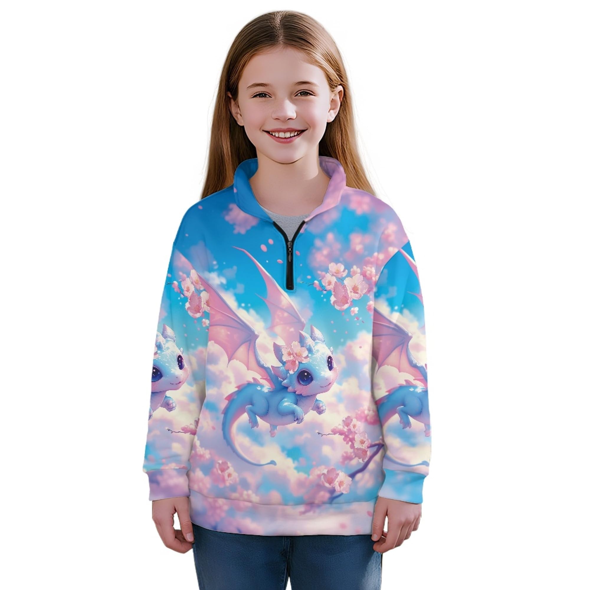 AmzPrint Girls Graphic Quarter Zip Coat Long Sleeve Lightweight Oversized Athletic Running Hoodies For Kids Teen Girls