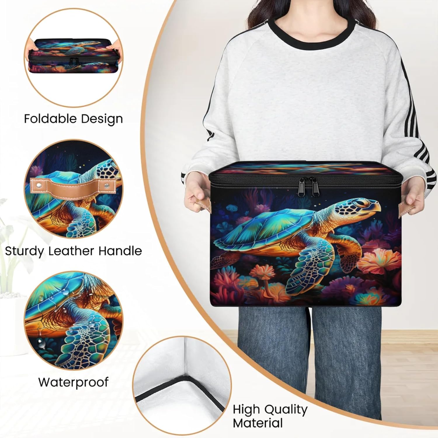 Storage Bin Set of 2 Turtle Coral Storage Basket with Zipper Lid & Handle Foldable Closet Shelf 2 Pack Cloth Organizer Basket Cube Bins Clothes Organizer for Nursery, Bedroom