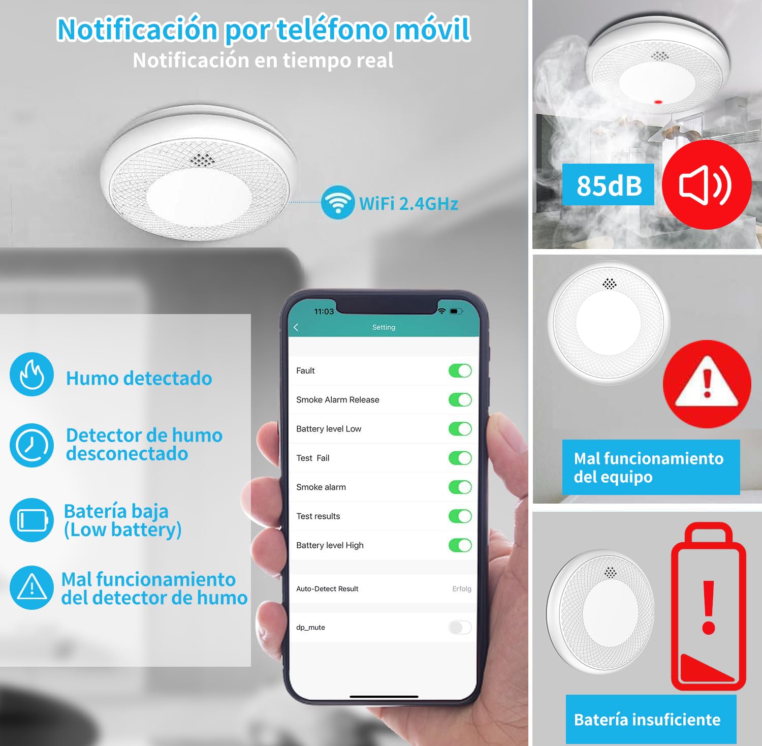 Detector de Humo Inteligente Wi-Fi, batería de 10 años con notificación Mediante aplicación, función silenciosa y autoprueba, Compatible con EN 14604, 2 Pieza (Compatible con App Tuya/Smart Life)