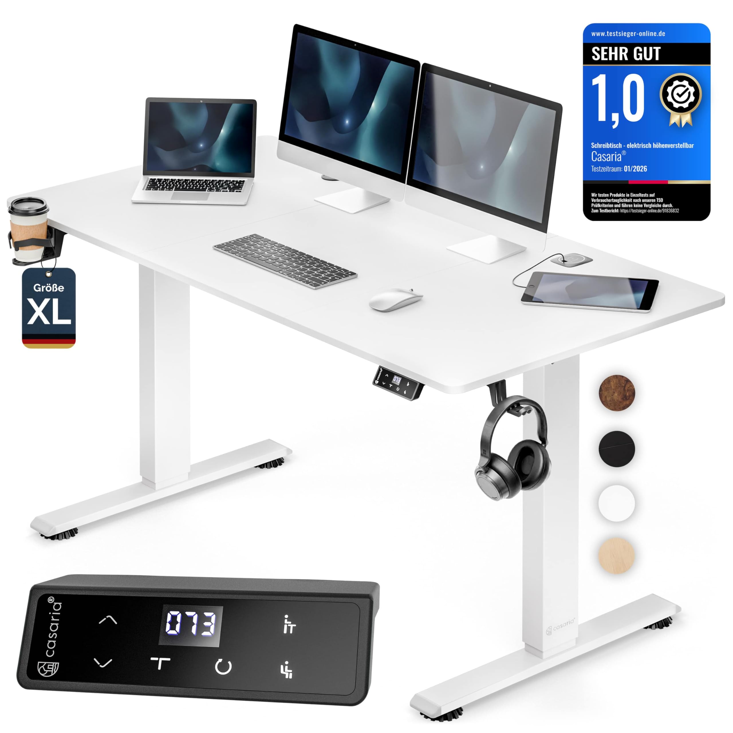 Casaria® Höhenverstellbarer Schreibtisch elektrisch 160 x 70 cm mit Wireless Charger & USB-C/A Anschluss LCD-Display Memory-Funktion 80 kg belastbar ergonomisch Weiß