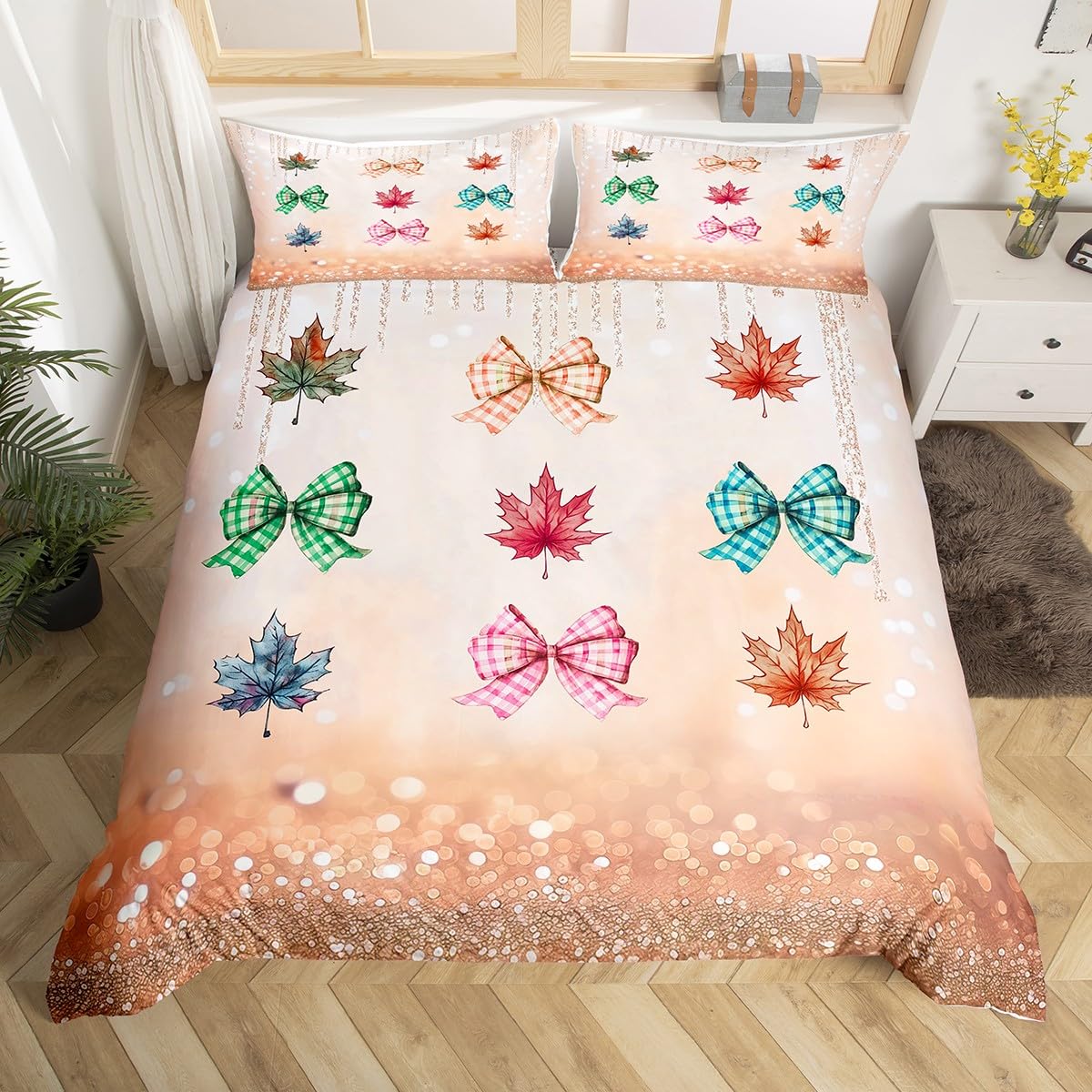 Homewish Jesienne żniwa król poszewka na kołdrę kolorowa kratka kokarda poszewka na kołdrę Święto Dziękczynienia liść klonu zestaw pościeli brokat kokarda zestaw pościeli