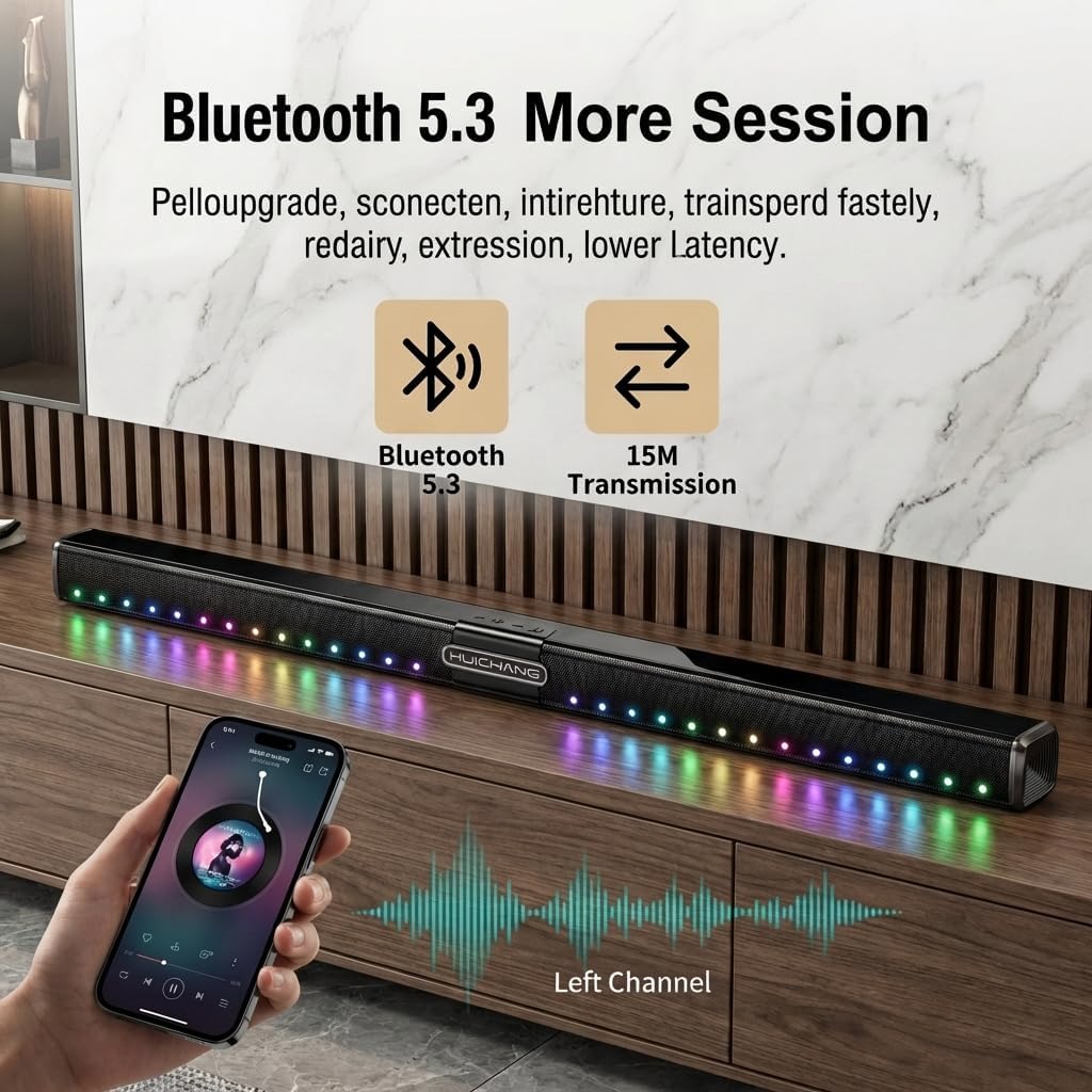 HUICHANG 360° Surround Soundbar 150W Peak BT 9D Audio Home TV PC | 8-unit 360°surround,150W peak,9D virtual audio,dual passive radiators,AUX/Coaxial/USB in,portable theater.