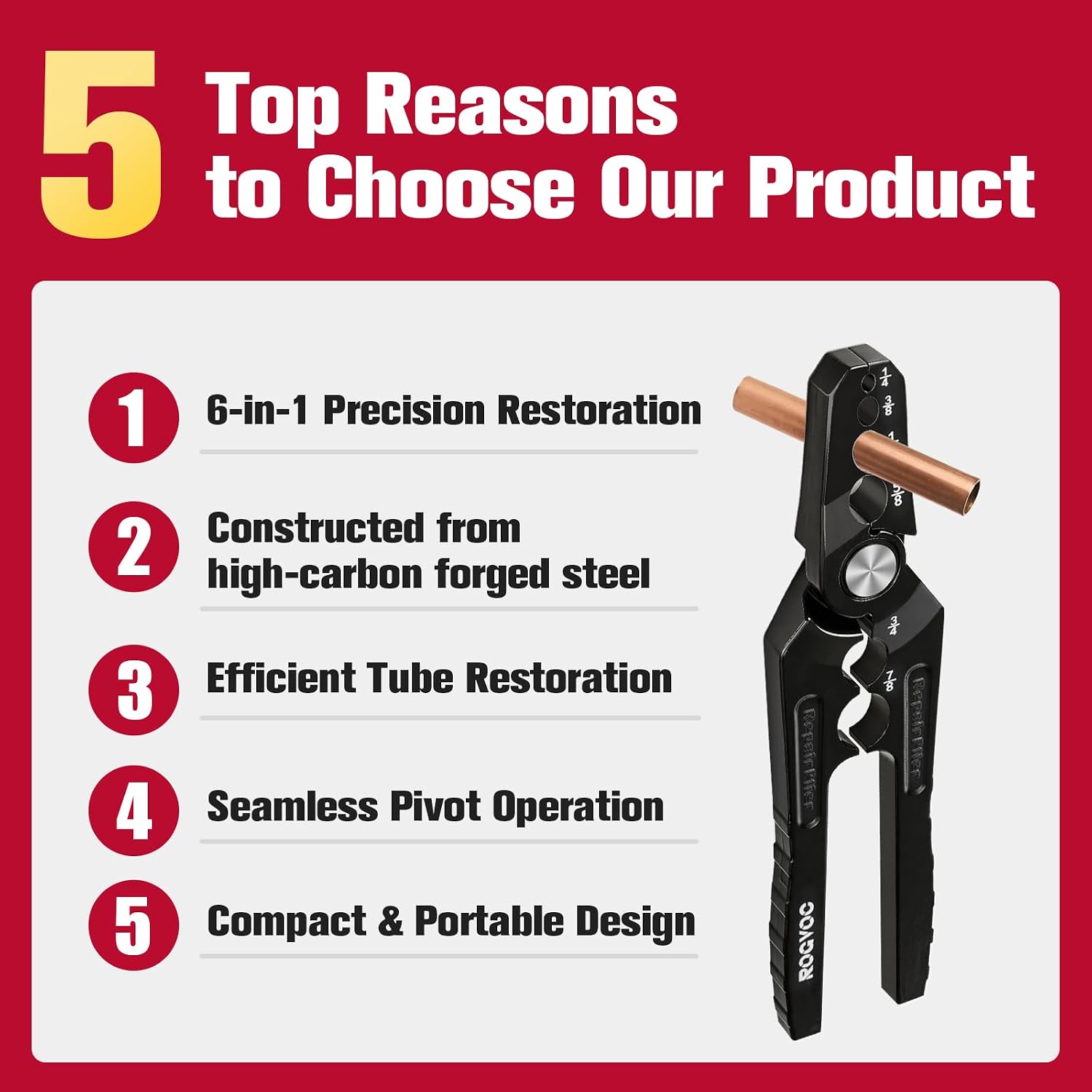 Copper Tubing Repair Tool, Copper Pipe Rounder with 6 Hole 1/4, 3/8, 1/2, 5/8, 3/4, 7/8 Inch, HVAC Refrigerant Pipe Repairer for Copper Aluminum Pipe